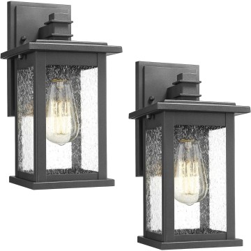 Outdoor Wall Mount Lights 2 Pack, 1-Light Exterior Sconces Lantern in Black Finish with Clear Seeded Glass, OS-1803EW1-2PK