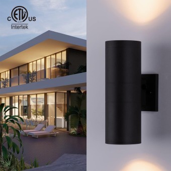 Modern Outdoor Porch Light Patio Light in 2 Lights Photocell Sensor with Matte Black Aluminum Cylinder and Tempered Glass Cover Waterproof Wall Sconce 4 Pack