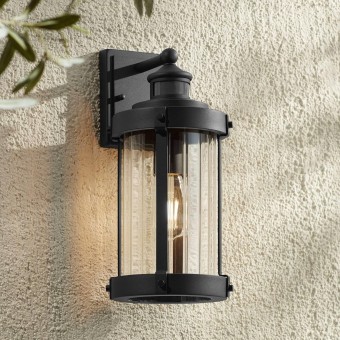 Stan Modern Industrial Outdoor Wall Light Fixture Textured Black Metal 15" Clear Ribbed Glass for Exterior House Porch Patio Outside Deck Garage Yard Front Door Garden Home