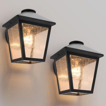 Outdoor Wall Light Fixtures, Exterior Waterproof Wall Sconce Light Fixtures, Anti-Rust E26 Socket Wall Lantern Porch Lights with Seeded Glass, Wall Mounted Black Outdoor Lights for House, 2 Pack